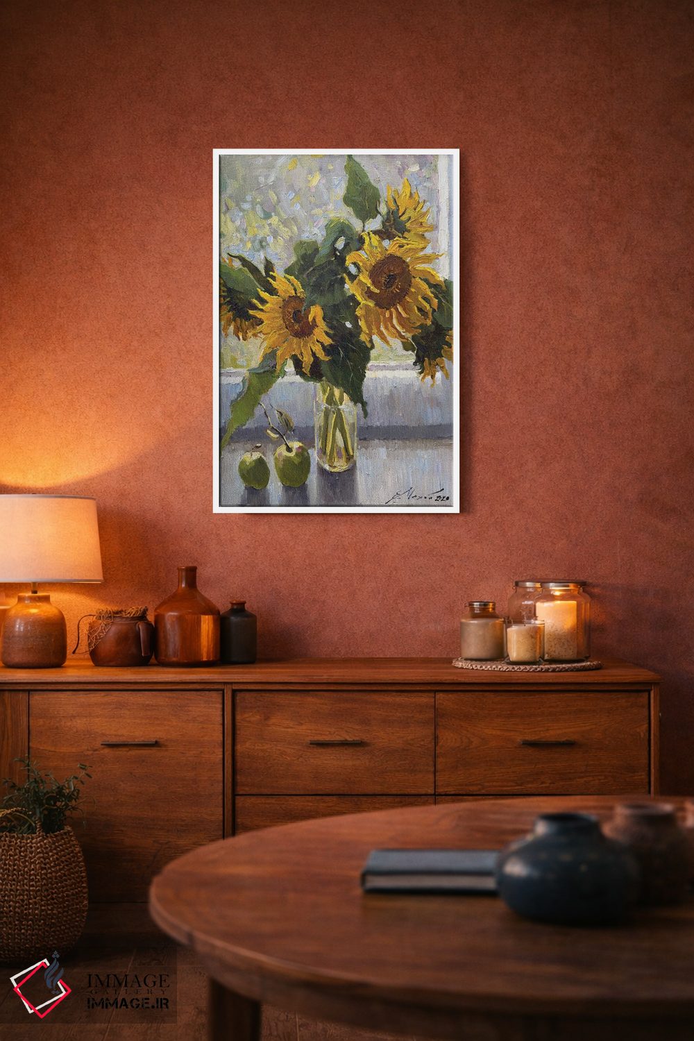 تابلو دکوراتیو آفتابگردان ها با سیب اثر اوگنیا مکانوا - D3W