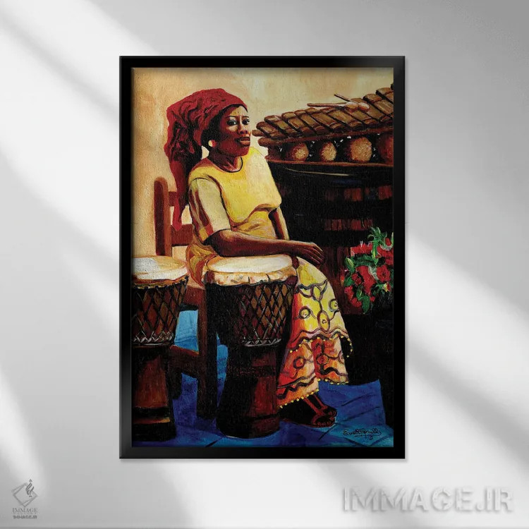 تابلو دکوراتیو خانم نوازنده درام اثر اورت اسپرویل - نمای قابدار مشکی