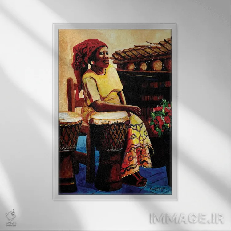 تابلو دکوراتیو خانم نوازنده درام اثر اورت اسپرویل - نمای قابدار سفید