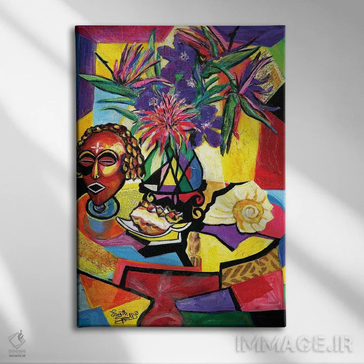 تابلو دکوراتیو طبیعت بی جان با نقاب، صدف و گل آرایی اثر اورت اسپرویل - نمای روبهرو روی دیوار