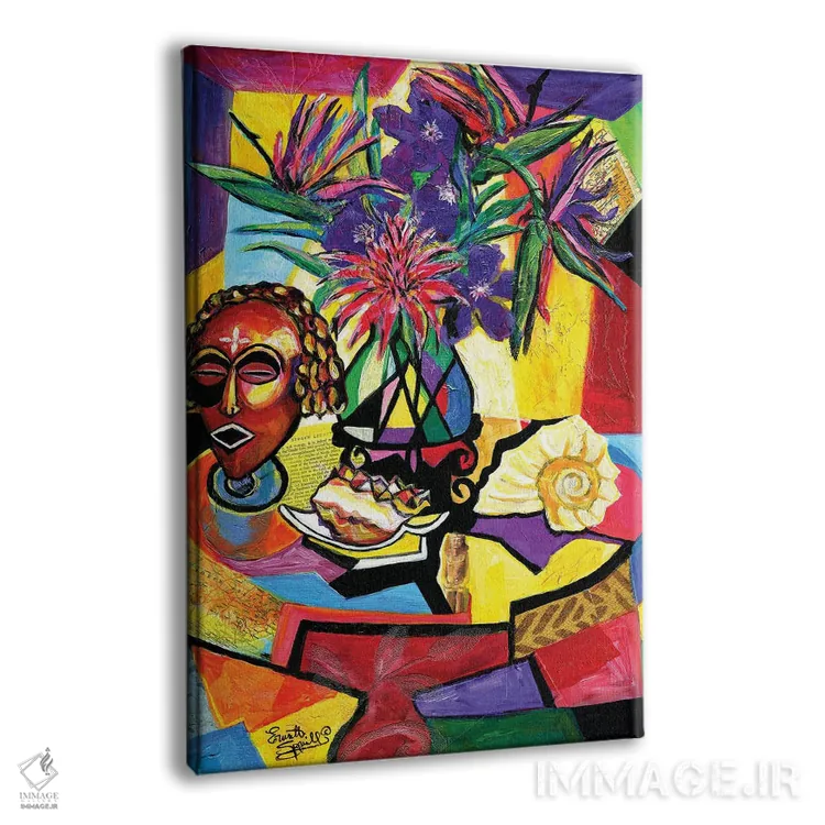 تابلو دکوراتیو طبیعت بی جان با نقاب، صدف و گل آرایی اثر اورت اسپرویل - نمای پرسپکتیو محصول