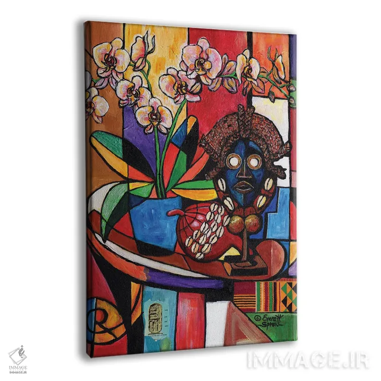 تابلو دکوراتیو طبیعت بی جان با ارکیده و آثار هنری آفریقایی اثر اورت اسپرویل - نمای پرسپکتیو محصول