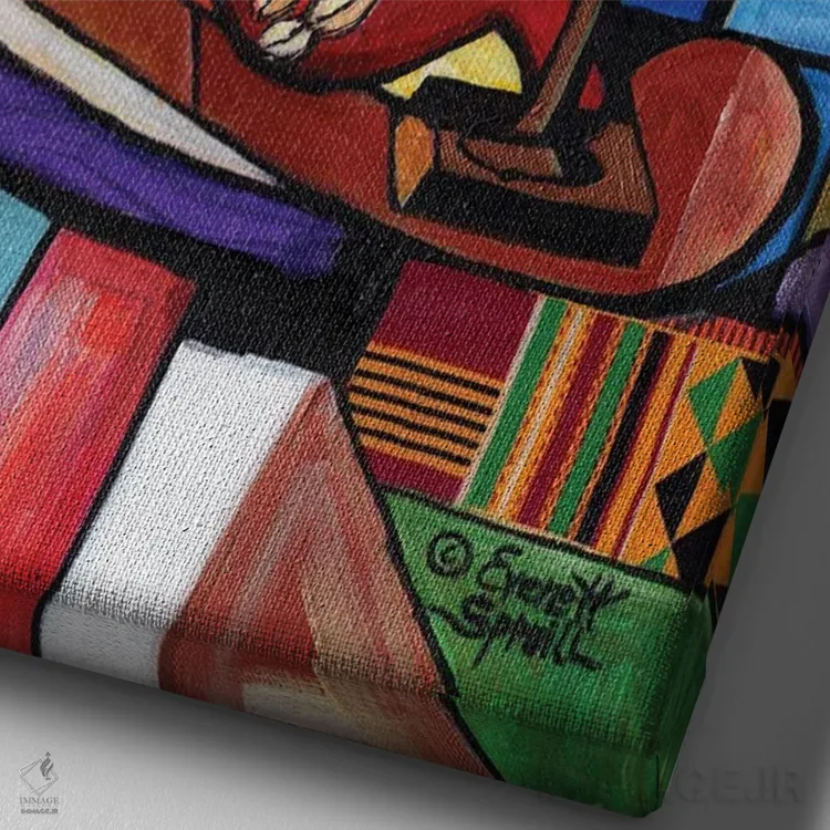 تابلو دکوراتیو طبیعت بی جان با ارکیده و آثار هنری آفریقایی اثر اورت اسپرویل - نمای نزدیک بافت بوم