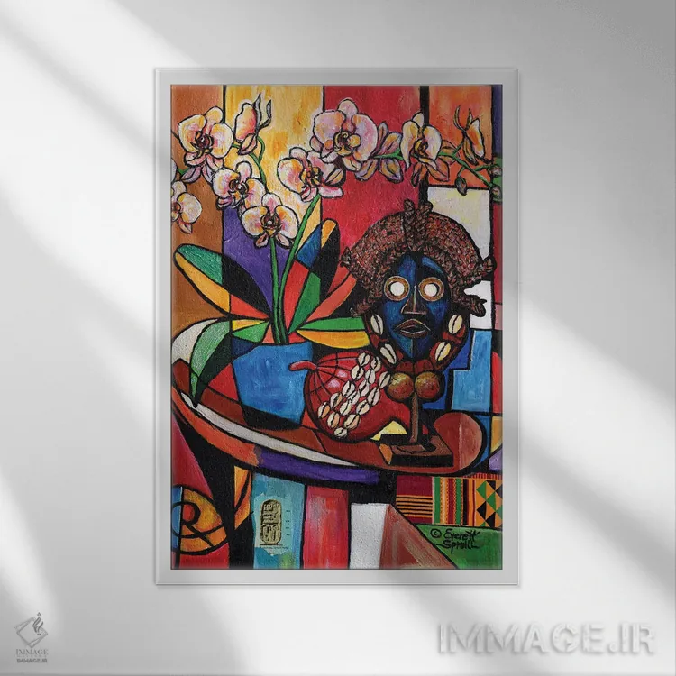 تابلو دکوراتیو طبیعت بی جان با ارکیده و آثار هنری آفریقایی اثر اورت اسپرویل - نمای قابدار سفید