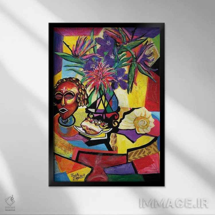 تابلو دکوراتیو طبیعت بی جان با نقاب، صدف و گل آرایی اثر اورت اسپرویل - نمای قابدار مشکی