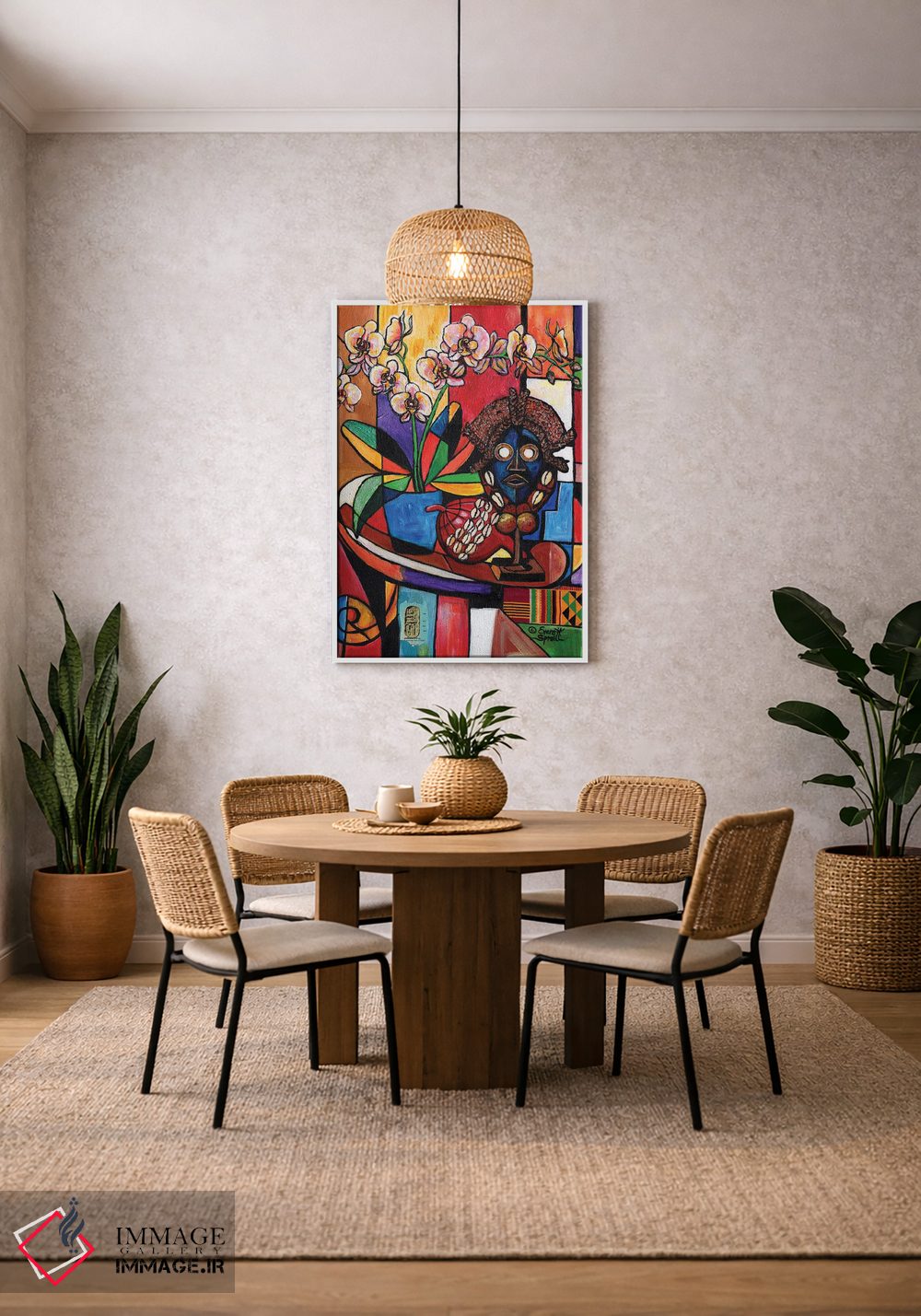 تابلو دکوراتیو طبیعت بی جان با ارکیده و آثار هنری آفریقایی اثر اورت اسپرویل - D3W