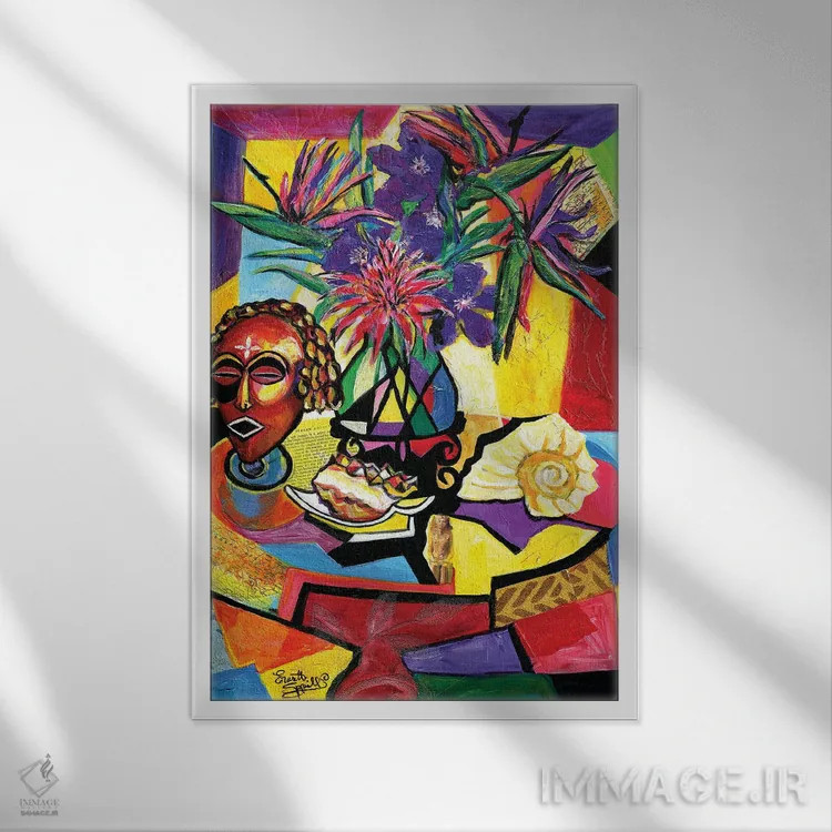 تابلو دکوراتیو طبیعت بی جان با نقاب، صدف و گل آرایی اثر اورت اسپرویل - نمای قابدار سفید