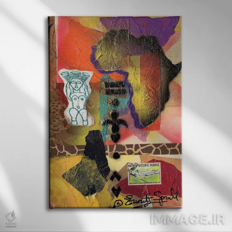 تابلو انتزاعی کلاژ آفریقایی اثر اورت اسپرویل - نمای روبهرو روی دیوار