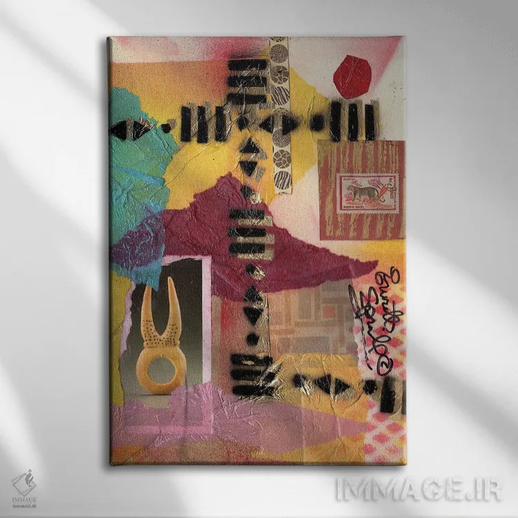 تابلو انتزاعی کلاژ آفریقایی اثر اورت اسپرویل - نمای روبهرو روی دیوار