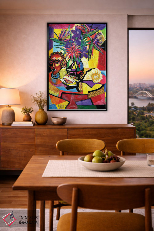 تابلو دکوراتیو طبیعت بی جان با نقاب، صدف و گل آرایی اثر اورت اسپرویل - D6B