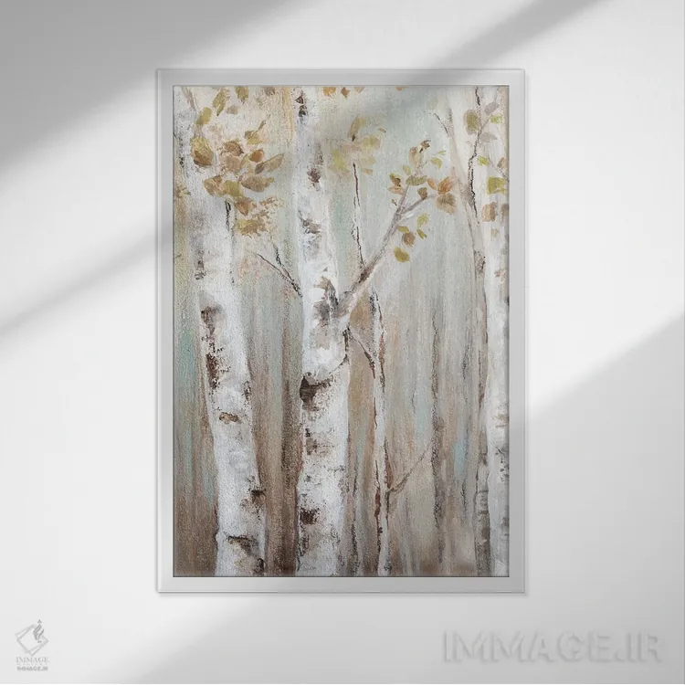تابلو مدرن جنگل توس در غروب I اثر اوا واتس - نمای قابدار سفید