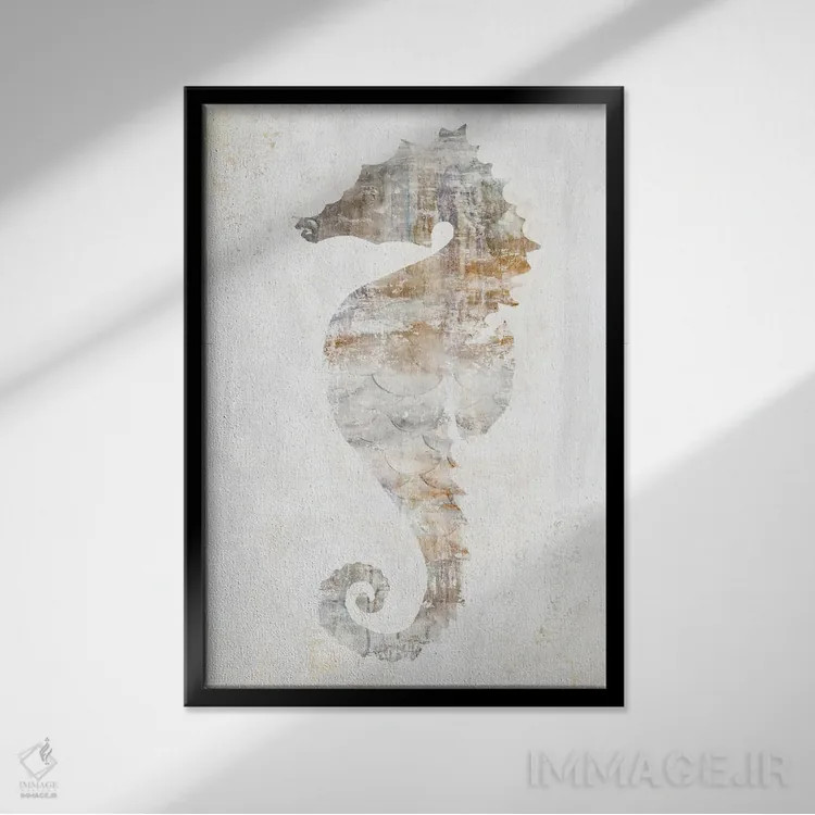 تابلو دکوراتیو اسب دریایی روستایی اثر اوا واتس - نمای قابدار مشکی