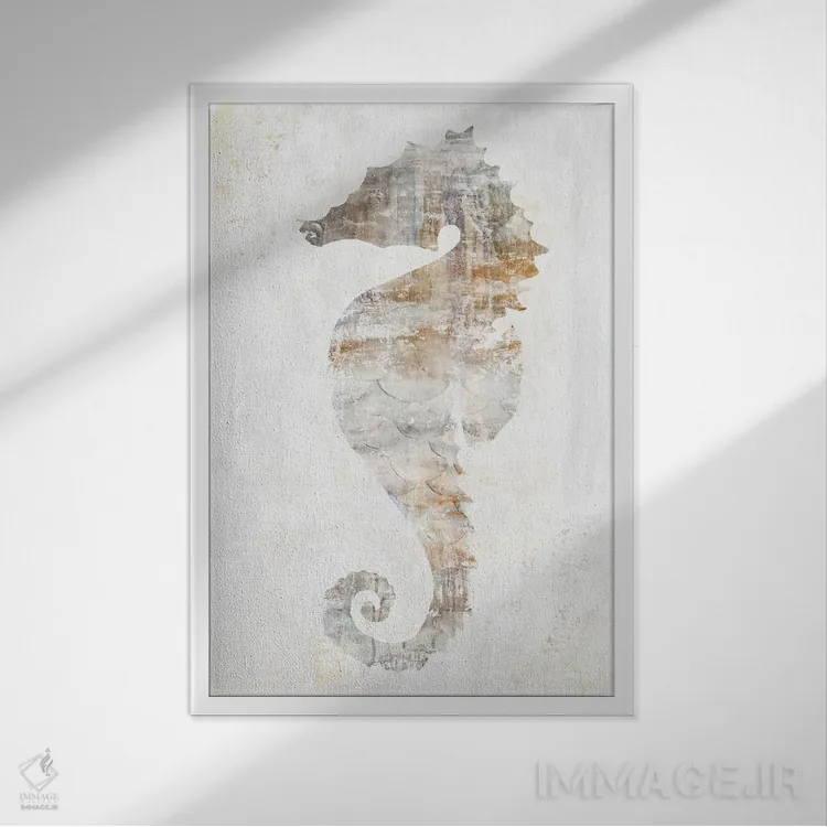 تابلو دکوراتیو اسب دریایی روستایی اثر اوا واتس - نمای قابدار سفید