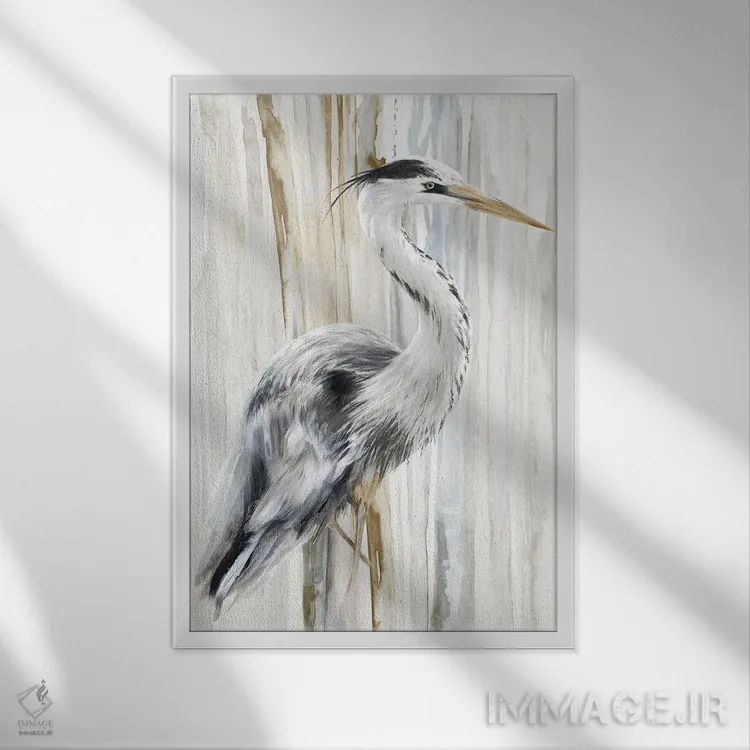 تابلو دکوراتیو حواصیل رودخانه ۱ اثر اوا واتس - نمای قابدار سفید