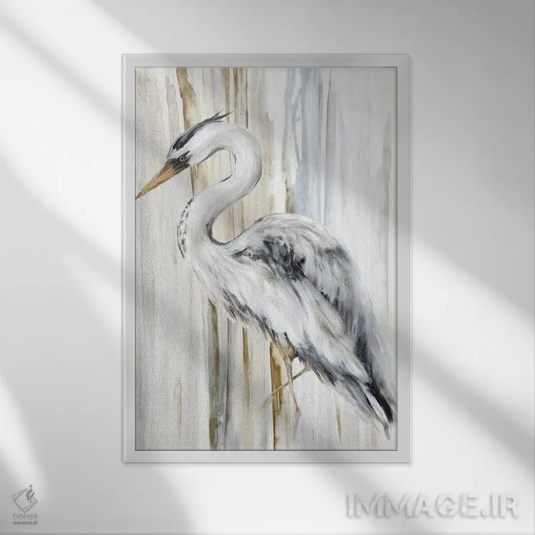 تابلو دکوراتیو حواصیل رودخانه ۲ اثر اوا واتس - نمای قابدار سفید