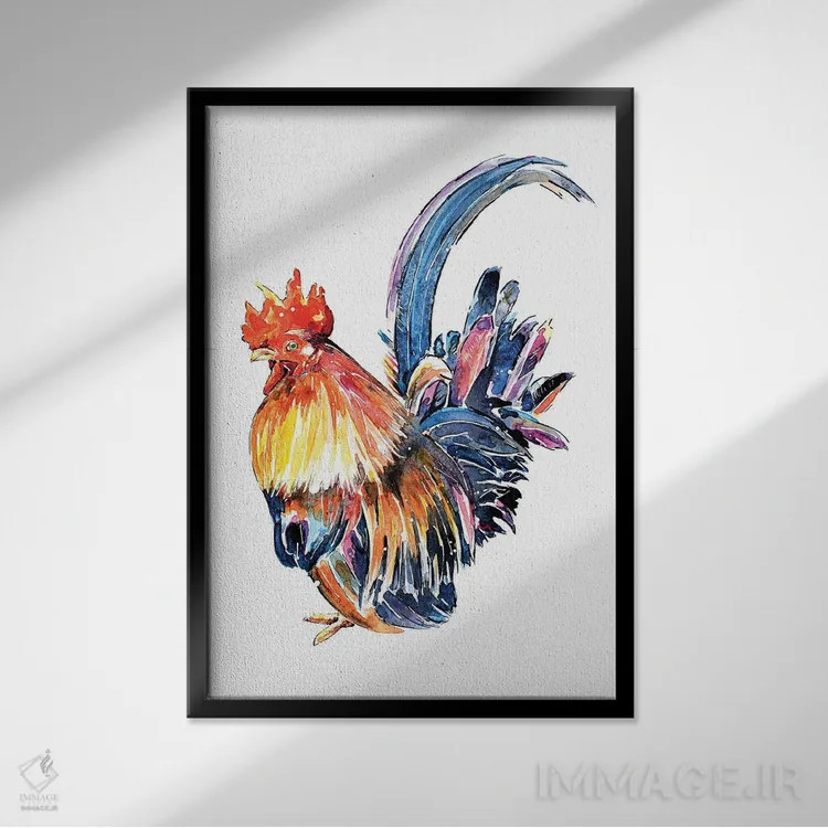 تابلو دکوراتیو خروس اثر ادز واترکالرز - نمای قابدار مشکی