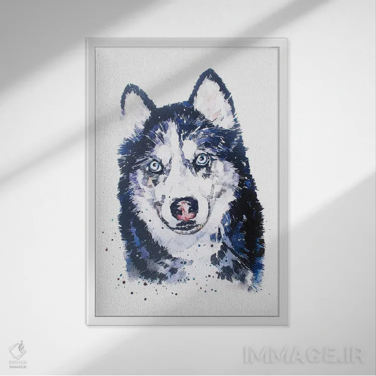 تابلو دکوراتیو هاسکی سیبری اثر ادز واترکالرز - نمای قابدار سفید