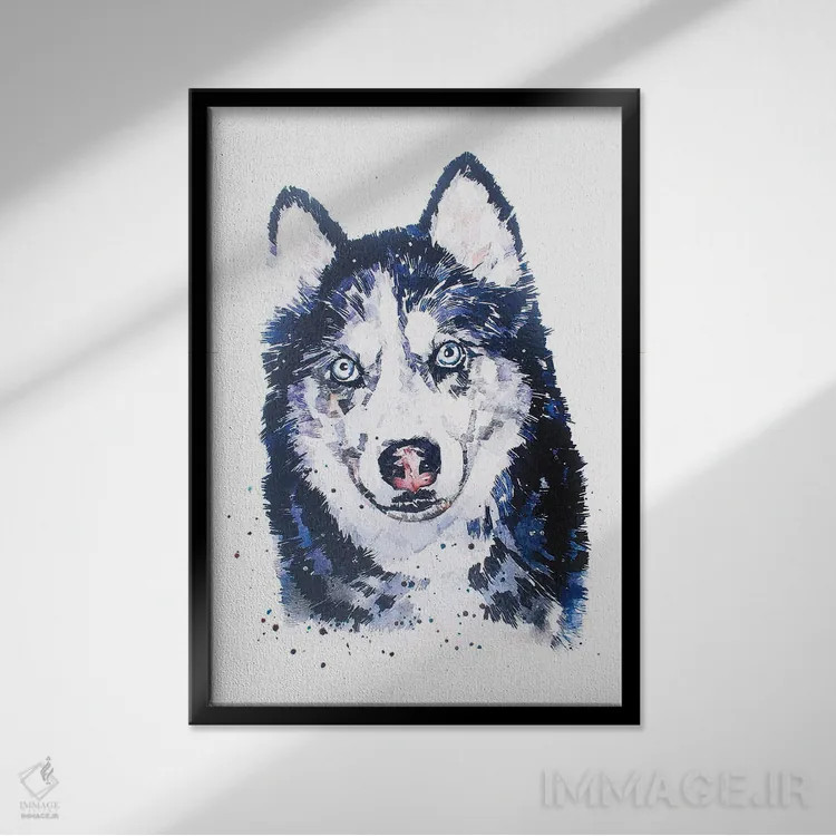 تابلو دکوراتیو هاسکی سیبری اثر ادز واترکالرز - نمای قابدار مشکی