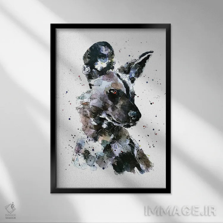 تابلو دکوراتیو سگ وحشی آفریقایی پر زرق و برق اثر ادز واترکالرز - نمای قابدار مشکی