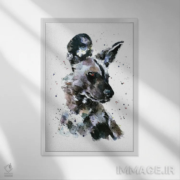 تابلو دکوراتیو سگ وحشی آفریقایی پر زرق و برق اثر ادز واترکالرز - نمای قابدار سفید