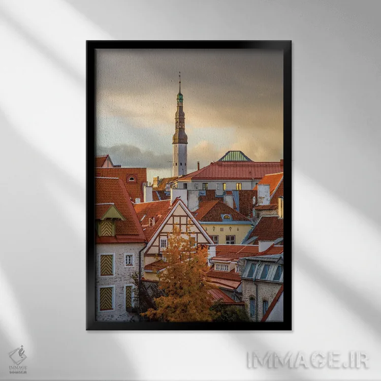 تابلو دکوراتیو کشورهای بالتیک، استونی، تالین. بام های نزدیک دیوارهای شهر اثر امیلی ویلسون - نمای قابدار مشکی