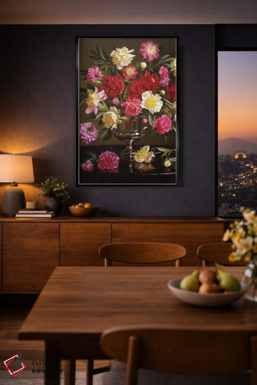 تابلو دکوراتیو گل های صدتومانی رنگی در گلدان نقره ای اثر ایوان ویلسون - D2B