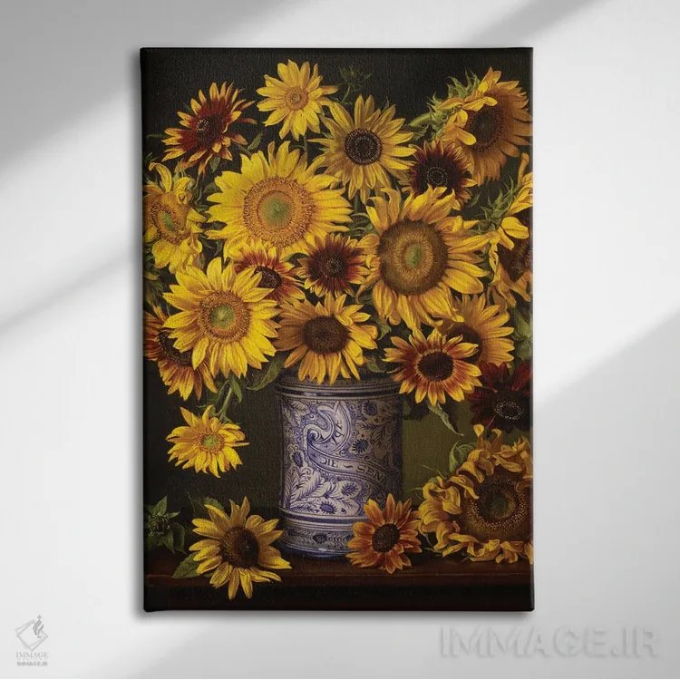 تابلو دکوراتیو گل های آفتابگردان در گلدان ایتالیایی اثر ایوان ویلسون - نمای روبهرو روی دیوار
