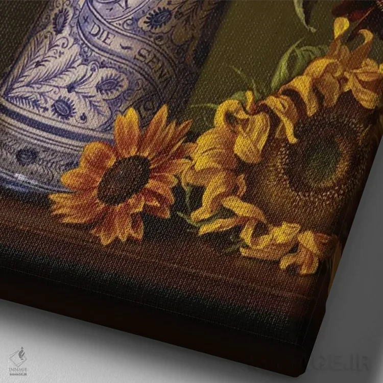 تابلو دکوراتیو گل های آفتابگردان در گلدان ایتالیایی اثر ایوان ویلسون - نمای نزدیک بافت بوم