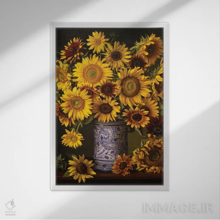 تابلو دکوراتیو گل های آفتابگردان در گلدان ایتالیایی اثر ایوان ویلسون - نمای قابدار سفید
