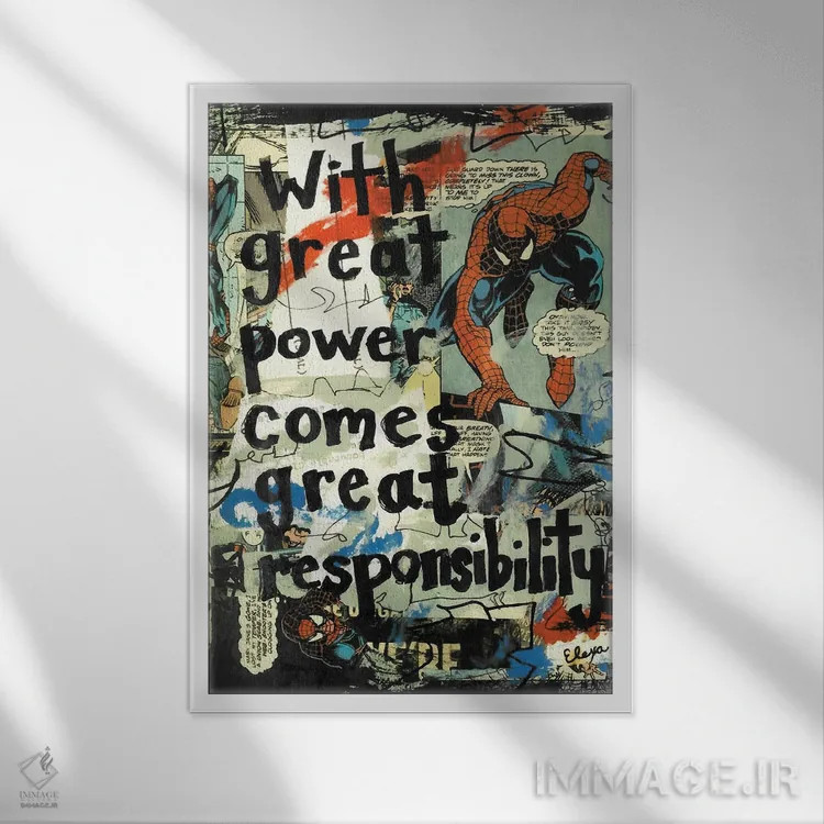 تابلو دکوراتیو قدرت بزرگ اسپایدرمن اثر الکسا بانکرافت - نمای قابدار سفید