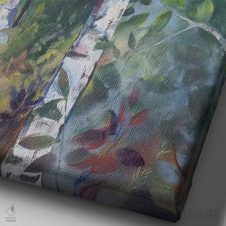 تابلو دکوراتیو طلوع آفتاب در جنگل اثر الیری ریـدال - نمای نزدیک بافت بوم