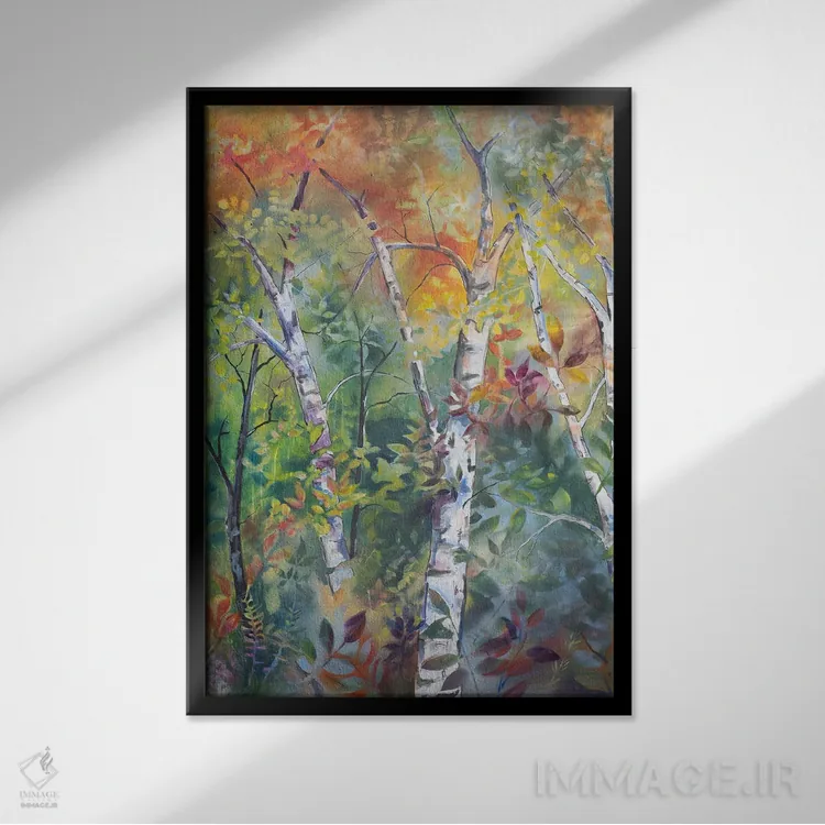 تابلو دکوراتیو طلوع آفتاب در جنگل اثر الیری ریـدال - نمای قابدار مشکی