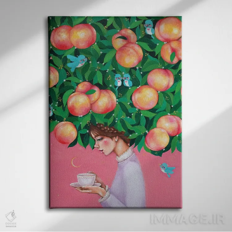 تابلو دکوراتیو زمان چای هلو اثر یوری کیم - نمای روبهرو روی دیوار