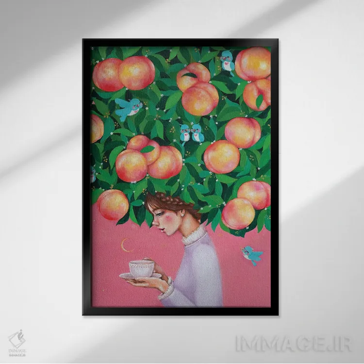 تابلو دکوراتیو زمان چای هلو اثر یوری کیم - نمای قابدار مشکی