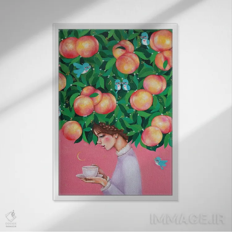 تابلو دکوراتیو زمان چای هلو اثر یوری کیم - نمای قابدار سفید