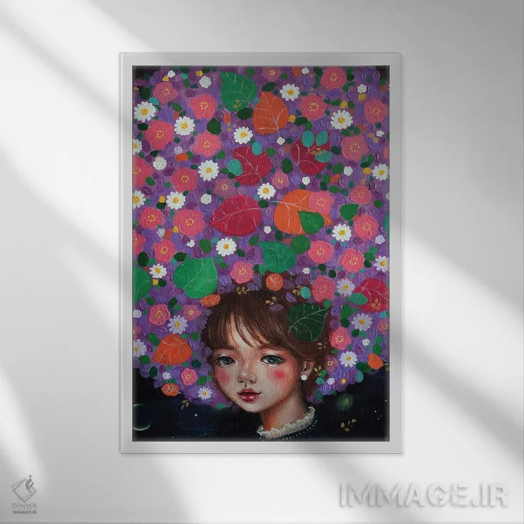تابلو دکوراتیو دختر گل وحشی اثر یوری کیم - نمای قابدار سفید