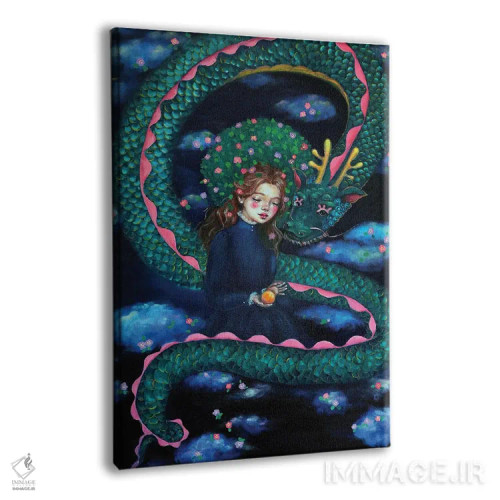 تابلو دکوراتیو دختر کاملیا با اژدهای آبی در ابرها اثر یوری کیم - نمای پرسپکتیو محصول