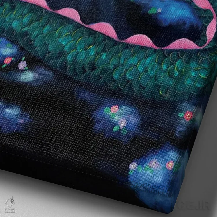 تابلو دکوراتیو دختر کاملیا با اژدهای آبی در ابرها اثر یوری کیم - نمای نزدیک بافت بوم