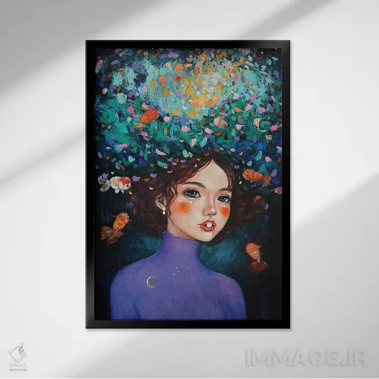 تابلو دکوراتیو دختر رانچو با مرواریدها اثر یوری کیم - نمای قابدار مشکی