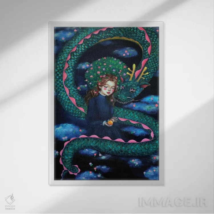 تابلو دکوراتیو دختر کاملیا با اژدهای آبی در ابرها اثر یوری کیم - نمای قابدار سفید