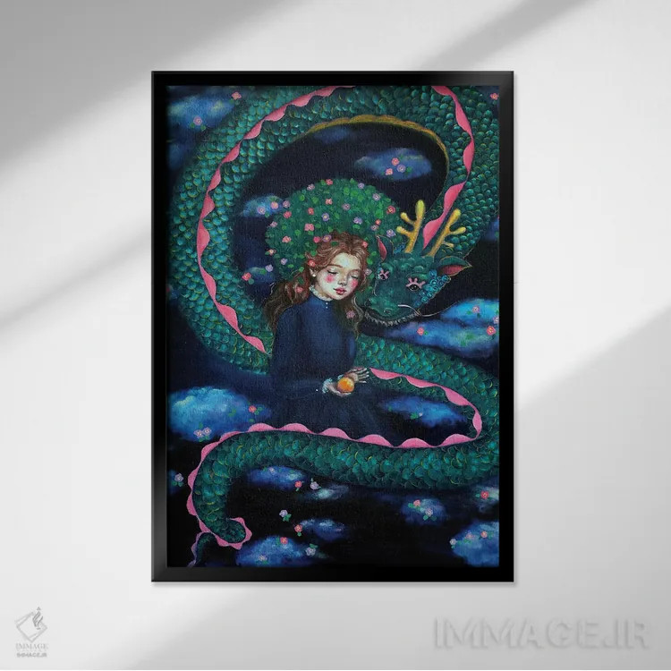 تابلو دکوراتیو دختر کاملیا با اژدهای آبی در ابرها اثر یوری کیم - نمای قابدار مشکی