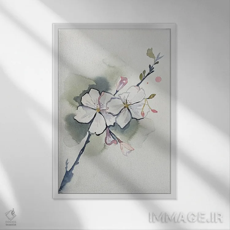 تابلو مینیمال شکوفه گیلاس شماره ۳۷ اثر الیزابت بکر - نمای قابدار سفید