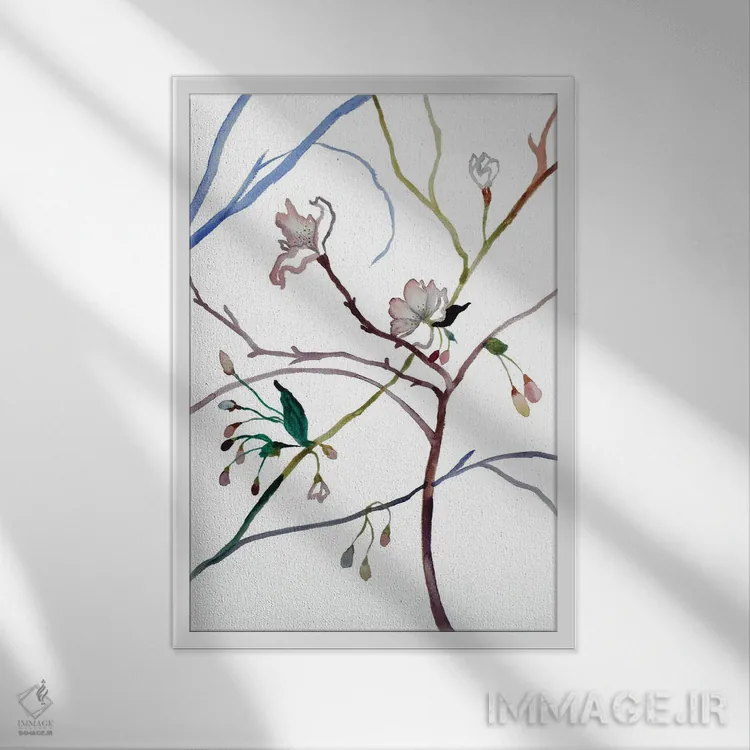 تابلو مینیمال شکوفه گیلاس شماره ۳۵ اثر الیزابت بکر - نمای قابدار سفید