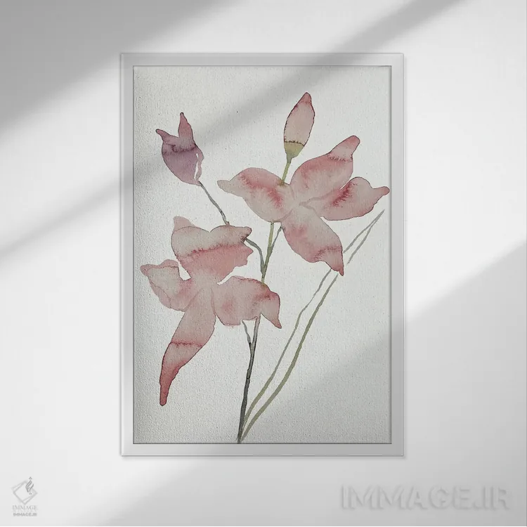 تابلو مینیمال ارکیده چمنی صورتی شماره ۱ اثر الیزابت بکر - نمای قابدار سفید