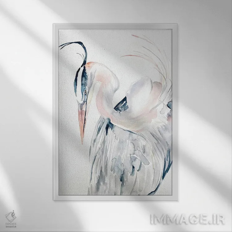تابلو مینیمال مرغ ماهی خوار شماره ۱۳ اثر الیزابت بکر - نمای قابدار سفید