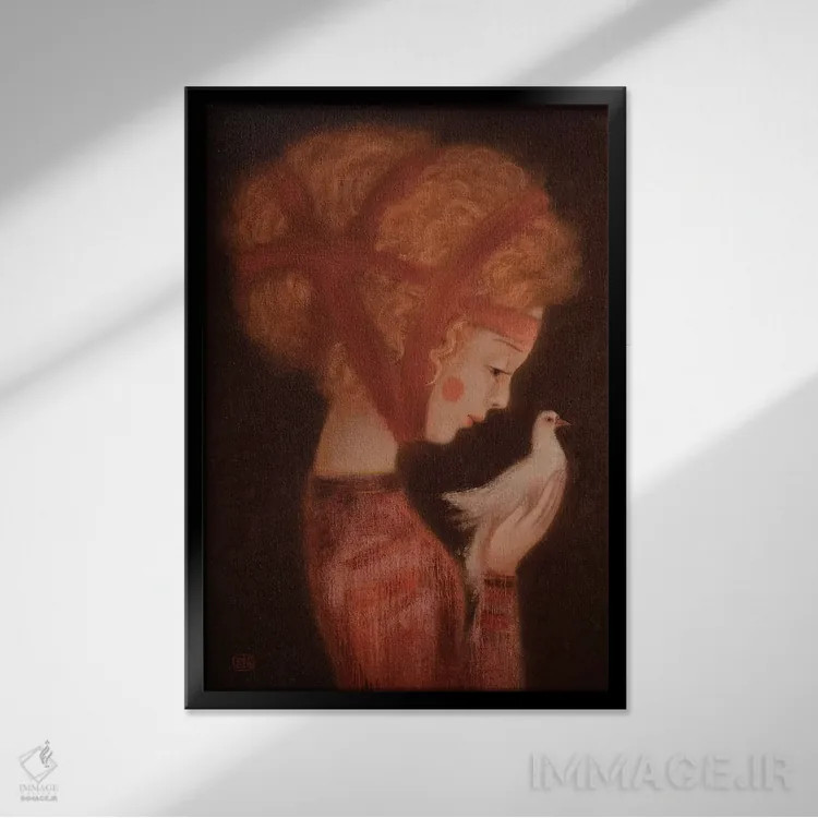 تابلو دکوراتیو دختر و یک کبوتر اثر ادوارد زنتسیک - نمای قابدار مشکی