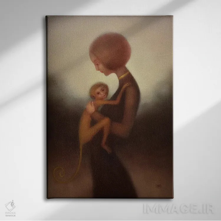 تابلو دکوراتیو دختر و میمون اثر ادوارد زنتسیک - نمای روبهرو روی دیوار