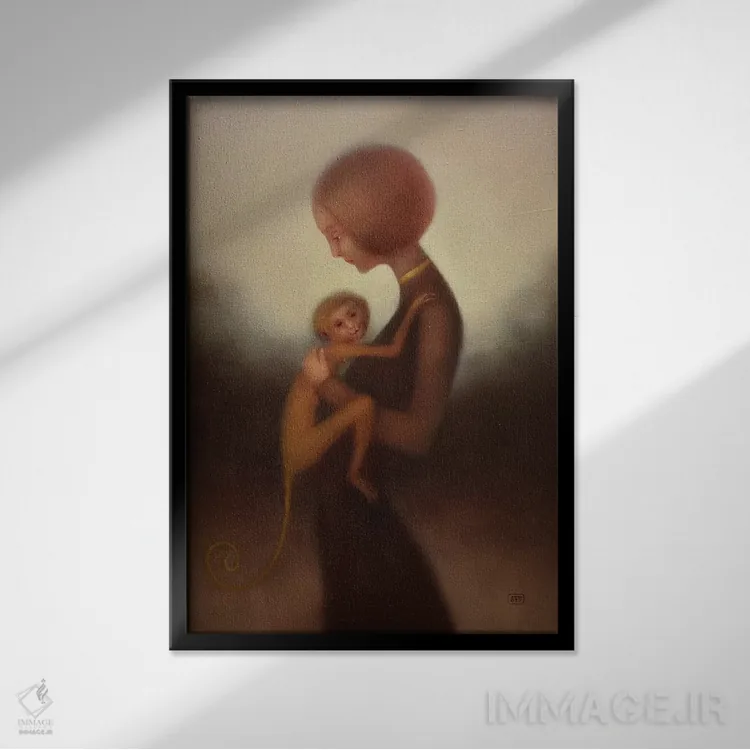 تابلو دکوراتیو دختر و میمون اثر ادوارد زنتسیک - نمای قابدار مشکی