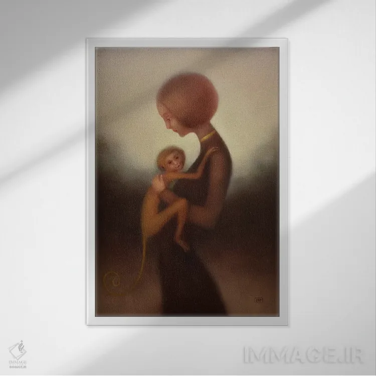 تابلو دکوراتیو دختر و میمون اثر ادوارد زنتسیک - نمای قابدار سفید
