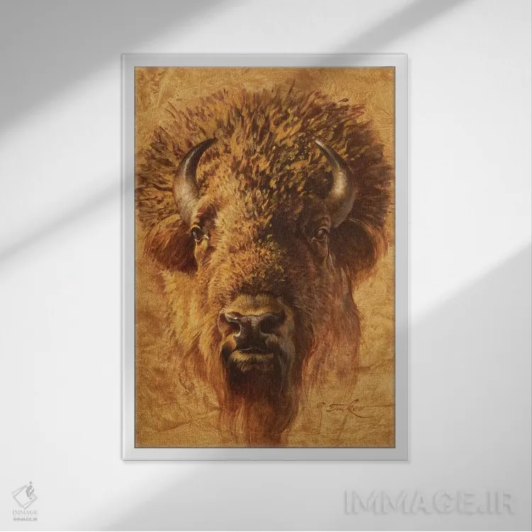 تابلو دکوراتیو پرتره گاومیش آمریکایی اثر ازرا تاکر - نمای قابدار سفید